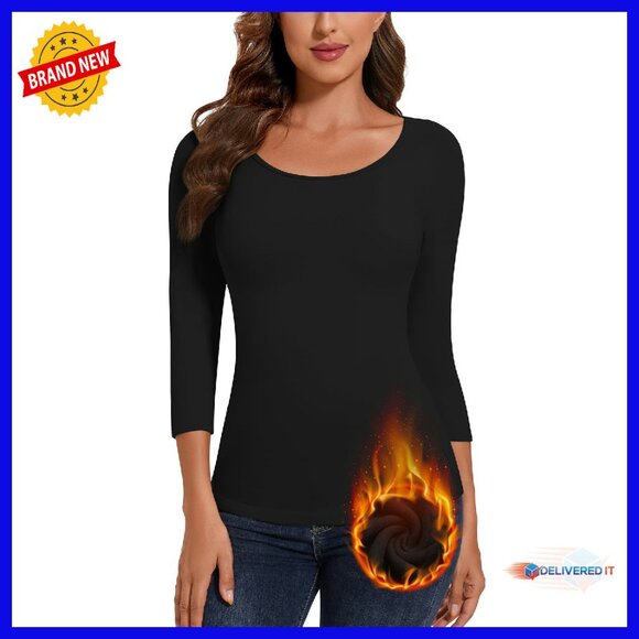 Women's Fleece Lined 3/4 Sleeve Thermal Top Base Layer Winter Warm